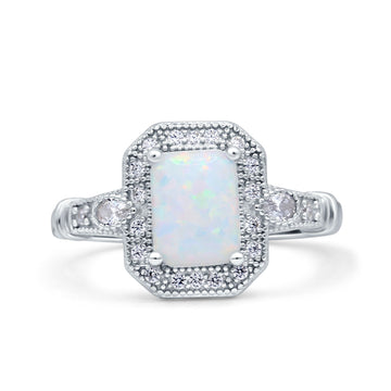 Art Deco Emerald Cut Wedding Bridal Ring Lab Created White Opal 925 Sterling Silver